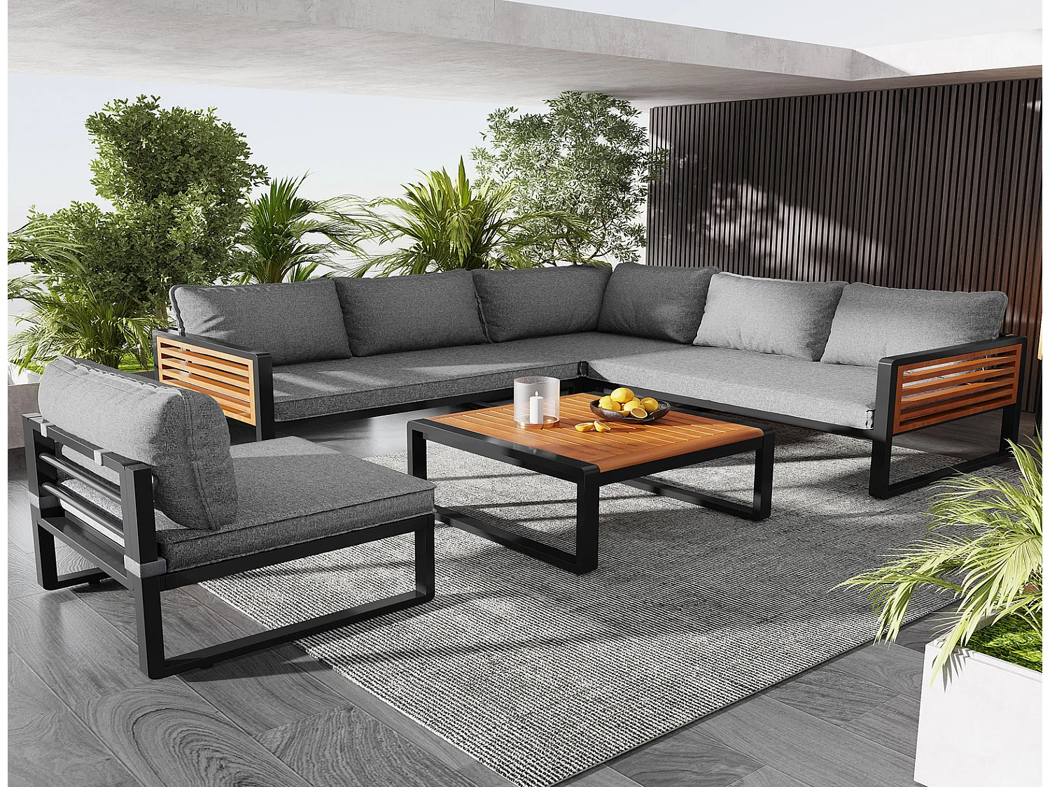 Gartenlounge Set modern 5-6 Personen mit Tisch, Gartensofa Set aus Metall mit Holz-Armlehnen für Terrasse Balkon