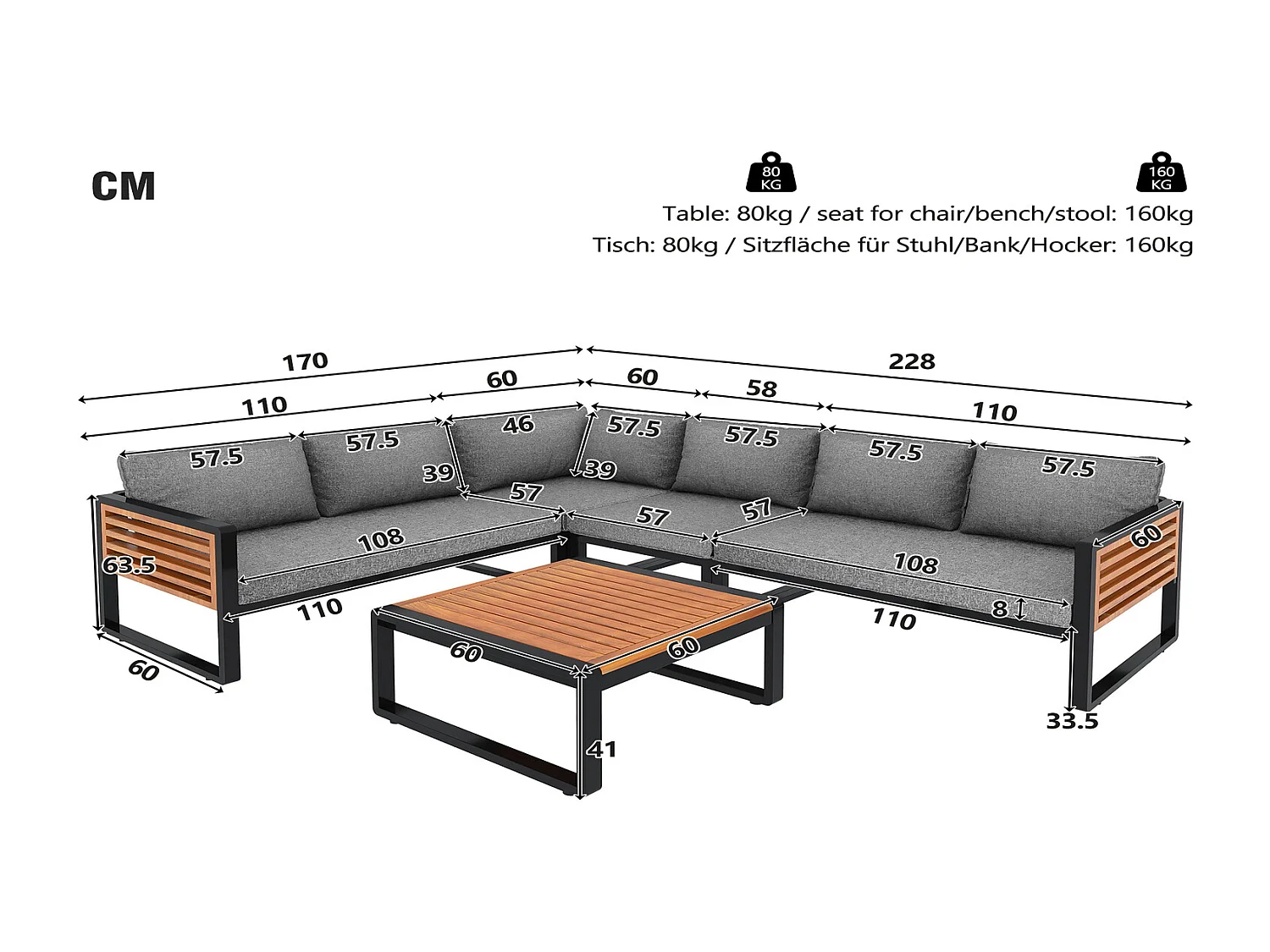Gartenlounge Set modern 5-6 Personen mit Tisch, Gartensofa Set aus Metall mit Holz-Armlehnen für Terrasse Balkon