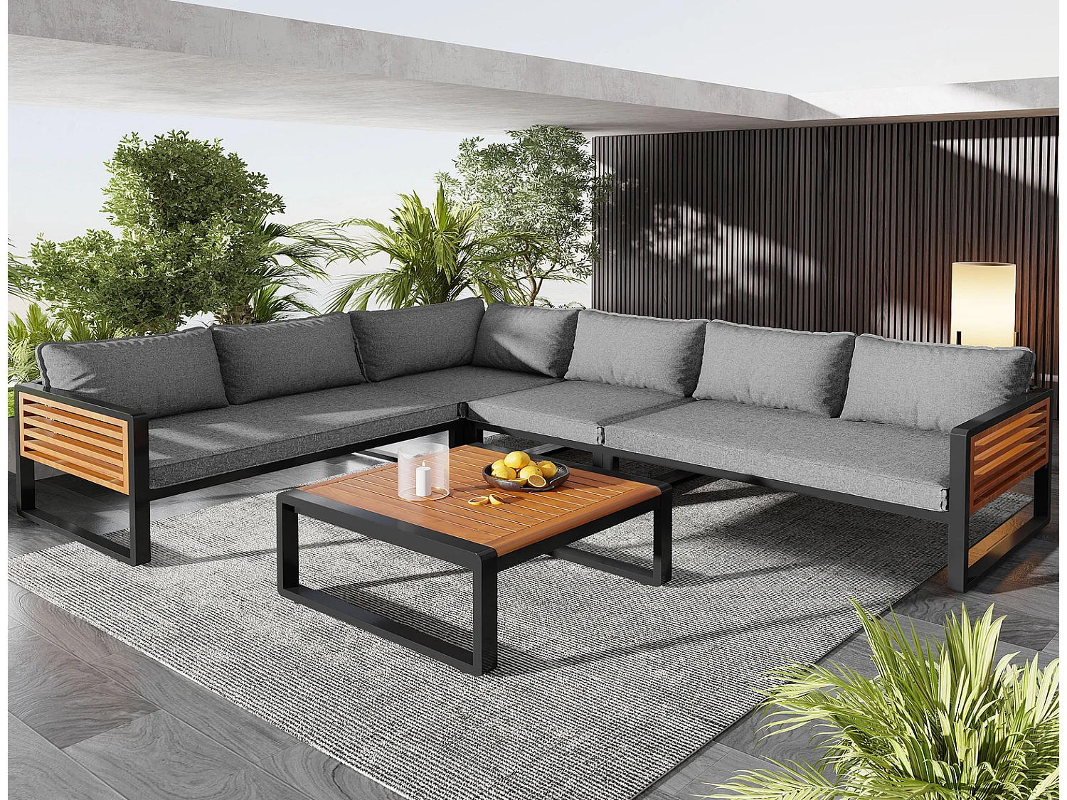 Gartenlounge Set modern 5-6 Personen mit Tisch, Gartensofa Set aus Metall mit Holz-Armlehnen für Terrasse Balkon