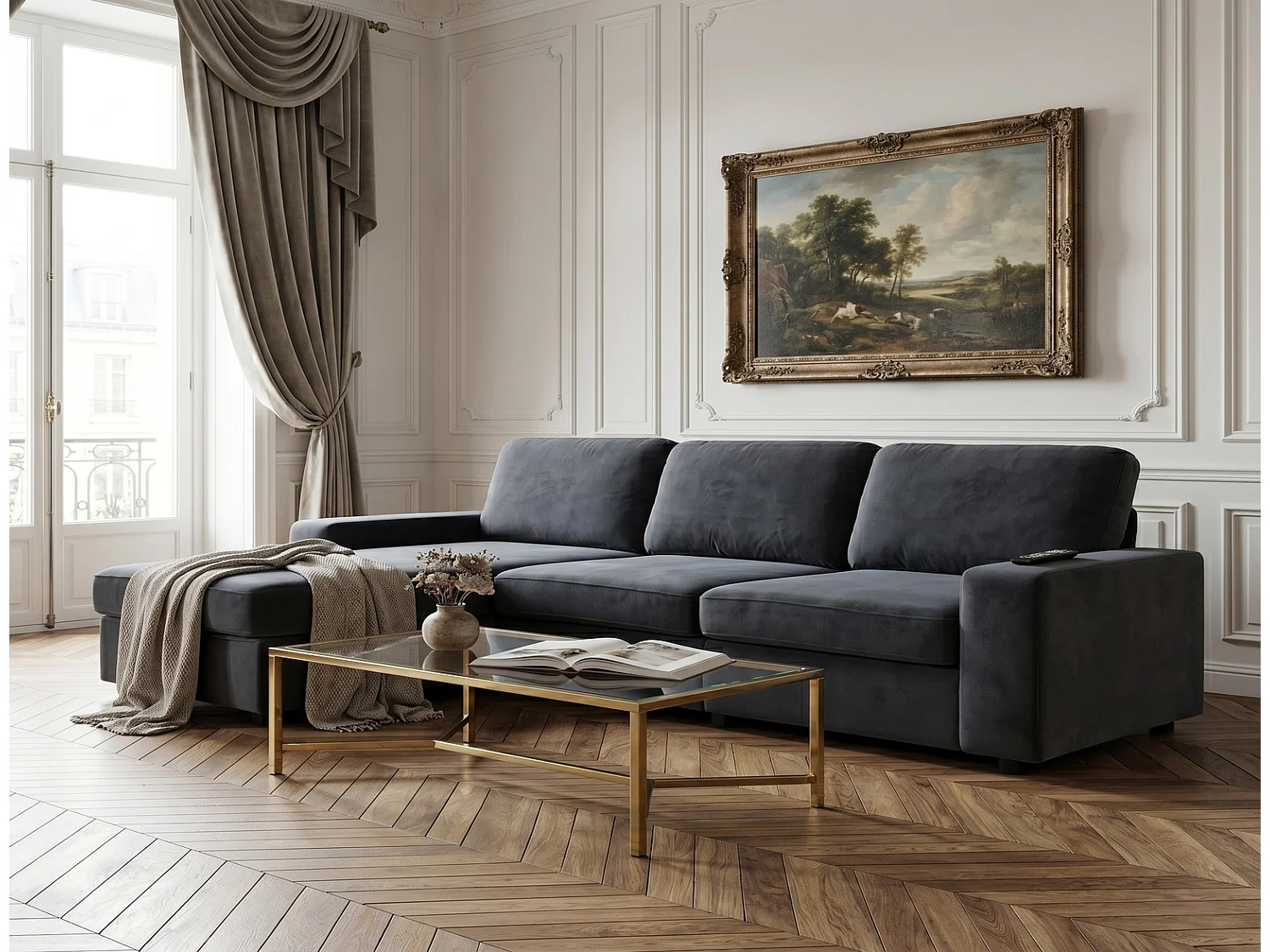 Multifunktionales Ecksofa mit 4 Staufächern, L-Sofa Couch mit Ottomane, Taschenfederkern, Dunkelgrau, 245,5x150,5 cm