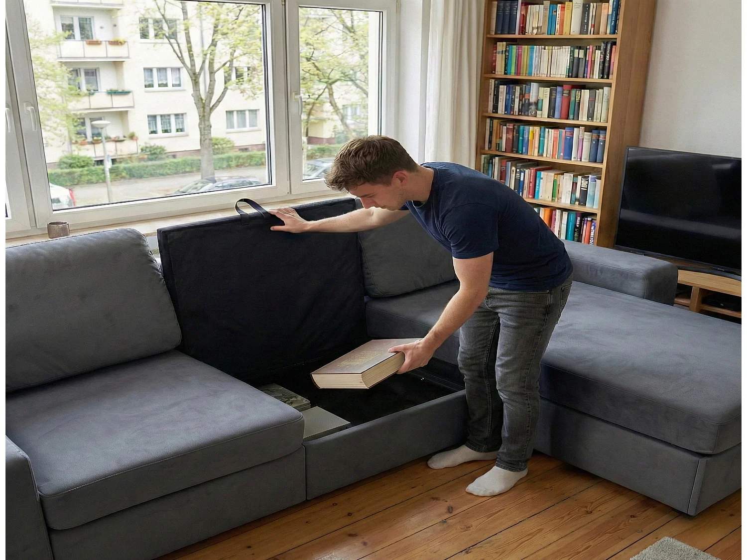Multifunktionales Ecksofa mit 4 Staufächern, L-Sofa Couch mit Ottomane, Taschenfederkern, Dunkelgrau, 245,5x150,5 cm
