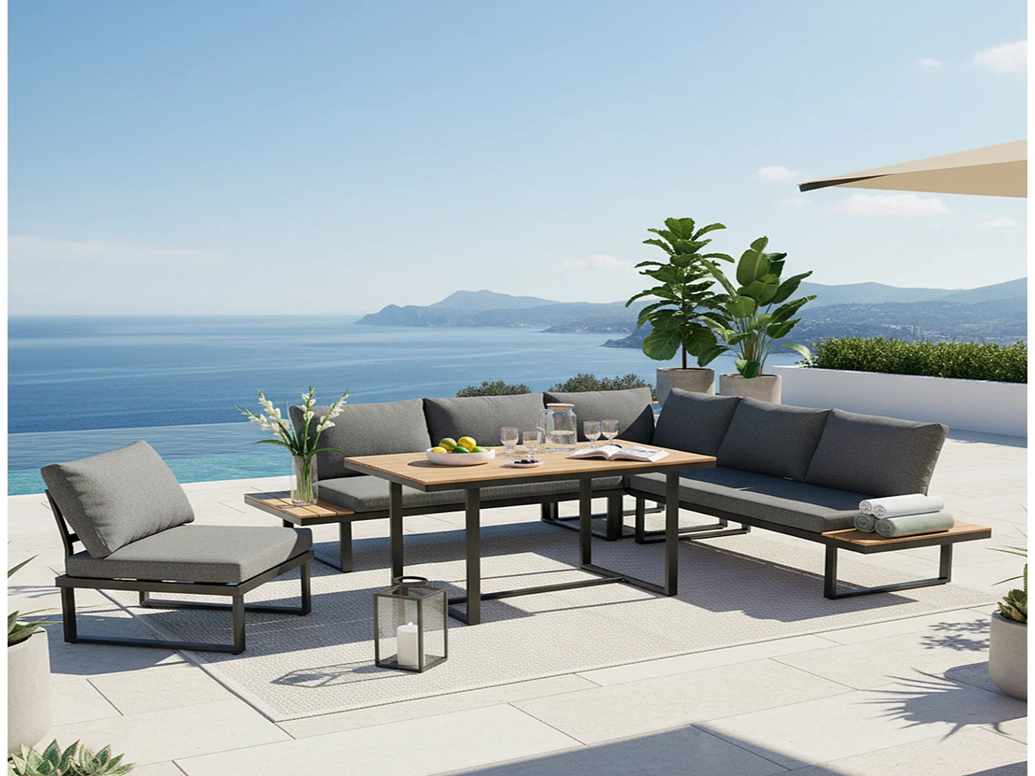 Garten Essgruppe Ecklounge mit Esstisch 252x197x65,5 cm, 5-fach verstellbar, Gartenmöbel Set grau schwarz