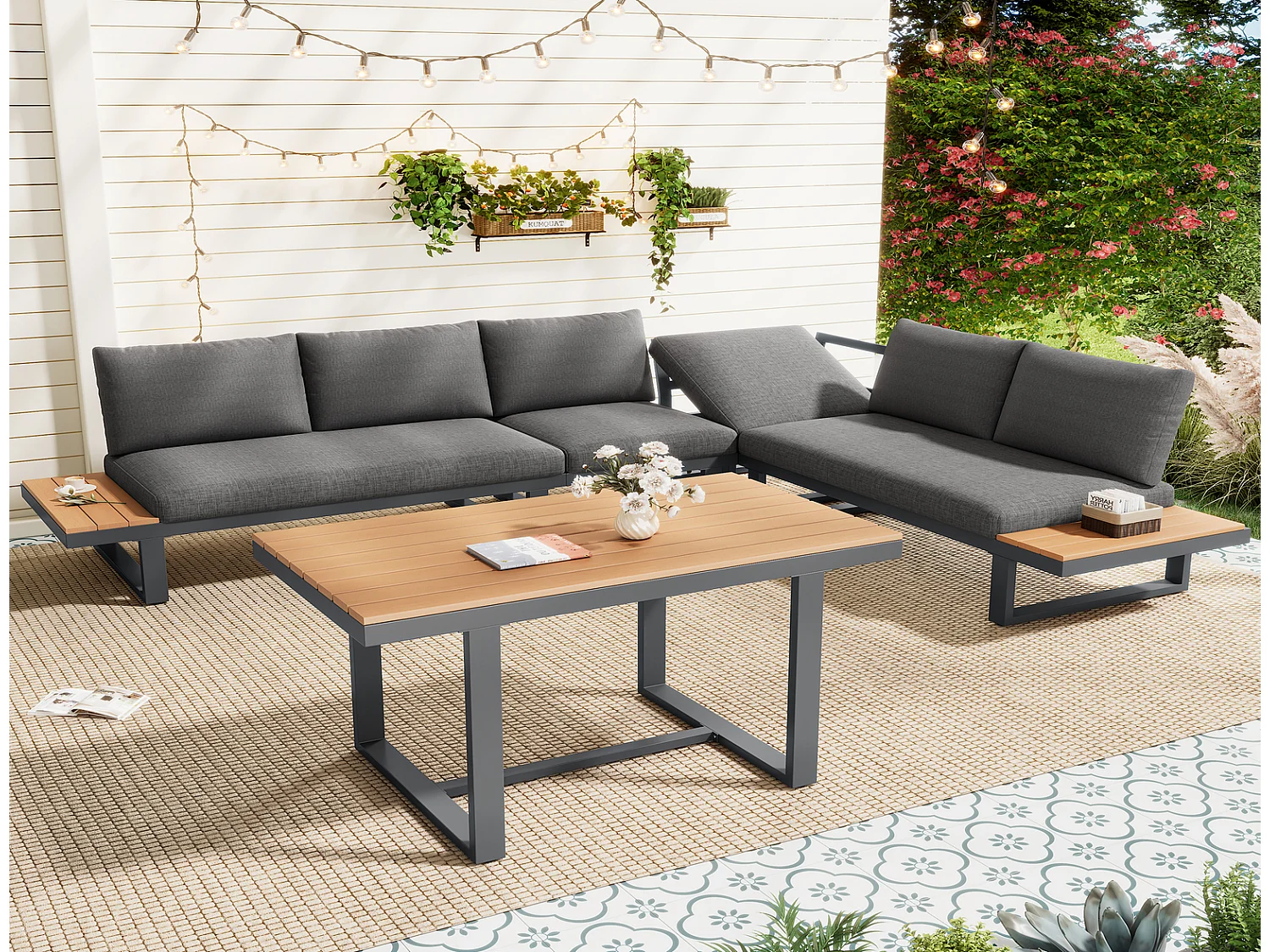 Garten Essgruppe Ecklounge mit Esstisch 252x197x65,5 cm, 5-fach verstellbar, Gartenmöbel Set grau schwarz