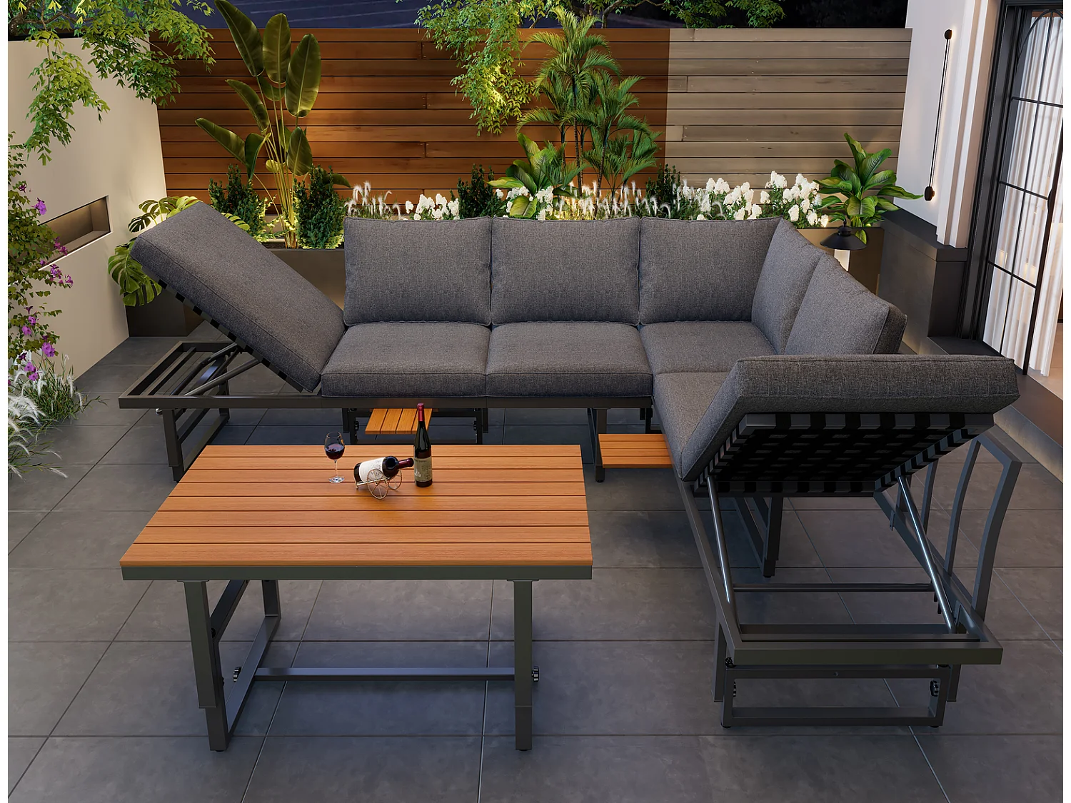 Gartenmöbel Set 3-teilig grau mit 2 Sofas, Tisch, Akazienholz, verstellbarer Rückenlehne, höhenverstellbarem Tisch