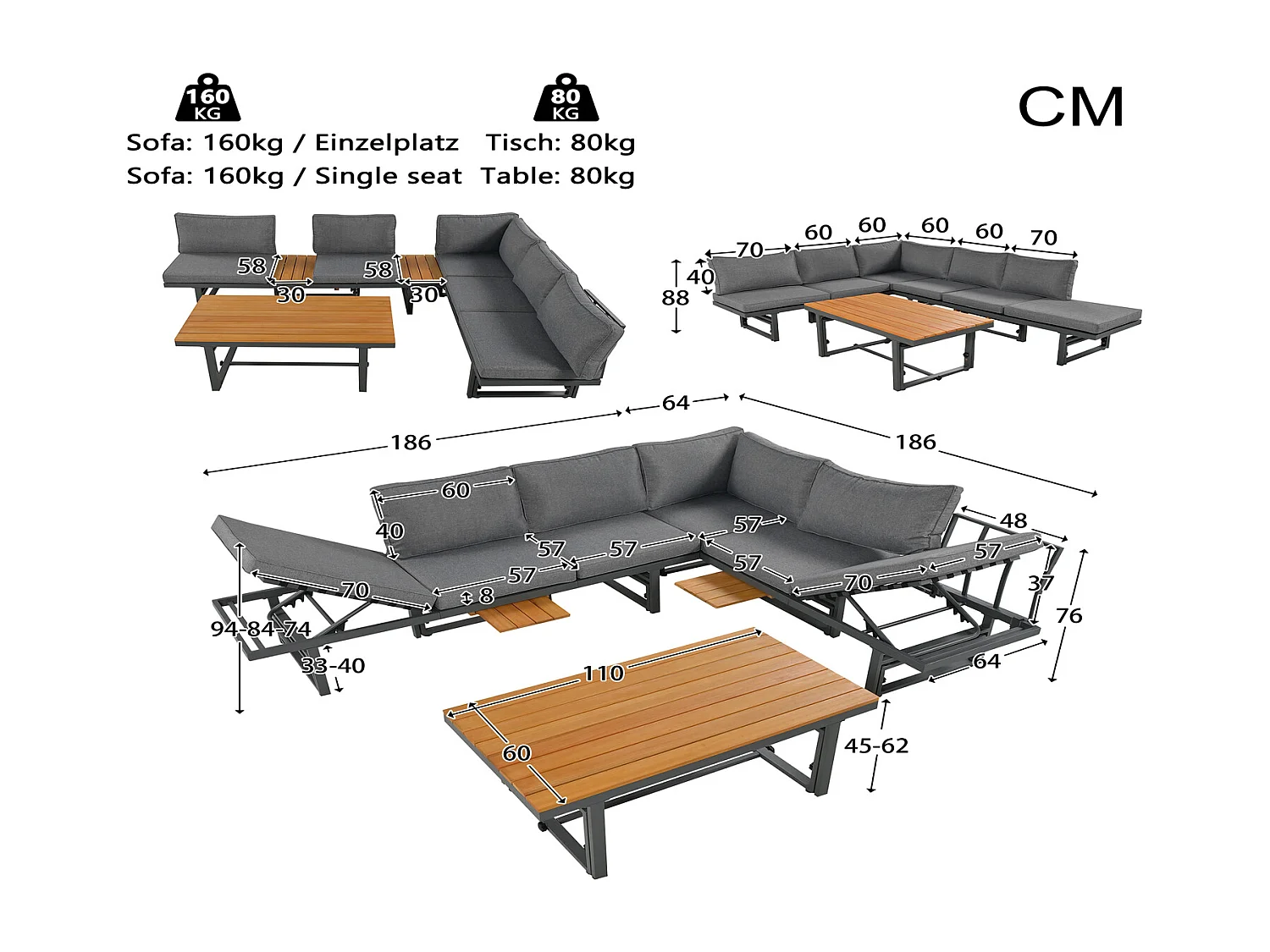 Gartenmöbel Set 3-teilig grau mit 2 Sofas, Tisch, Akazienholz, verstellbarer Rückenlehne, höhenverstellbarem Tisch