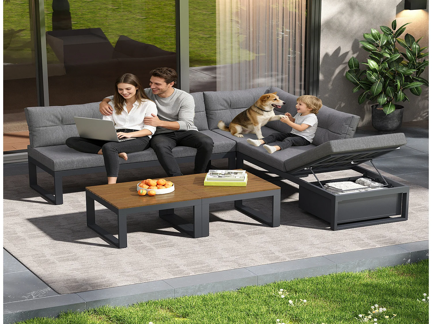 Gartenmöbel Set 191,5 x 191,5 x 79 cm, Ecklounge Garten wetterfest mit Tisch, Stauraum, Liegefunktion