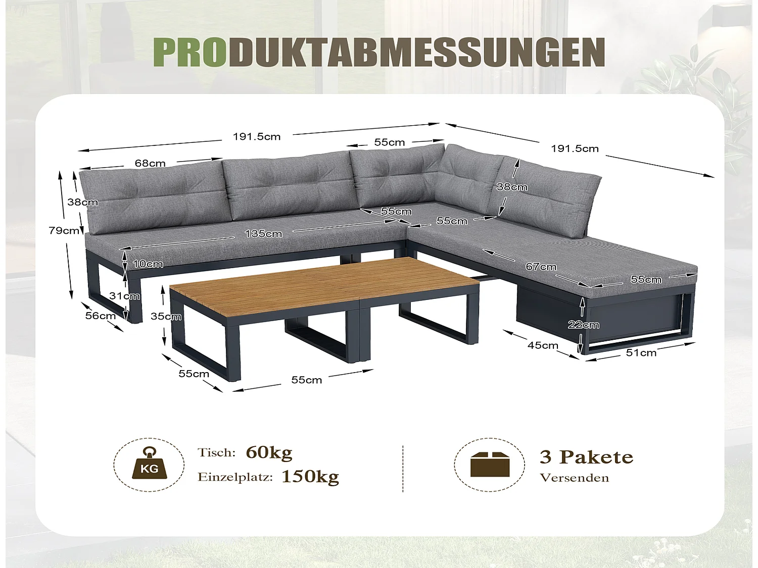 Gartenmöbel Set 191,5 x 191,5 x 79 cm, Ecklounge Garten wetterfest mit Tisch, Stauraum, Liegefunktion