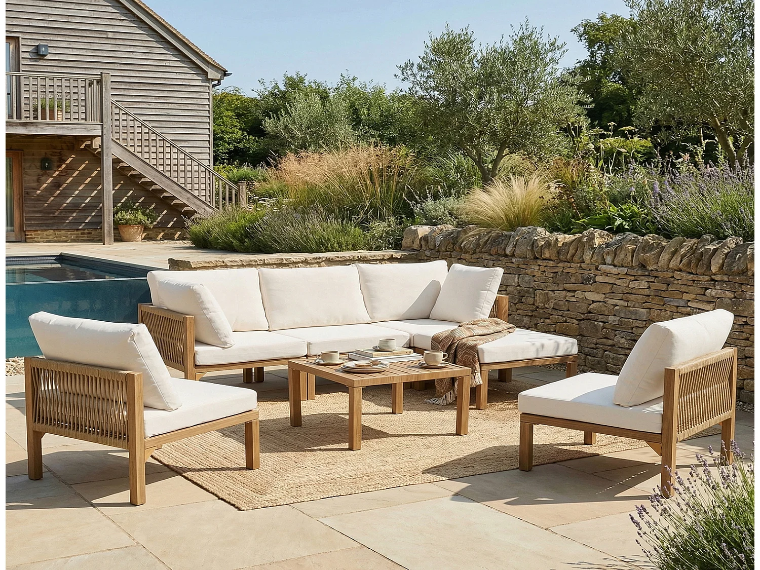 Gartenmöbel Set 240 x 180 cm, modulares Ecksofa Outdoor mit Tisch, Garten Essgruppe Lounge Set beige holzfarben