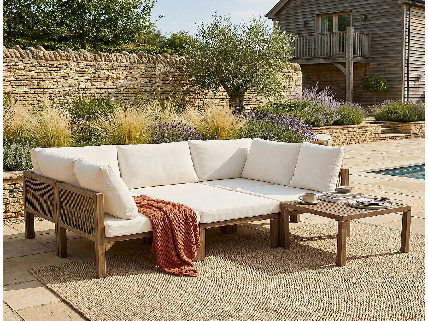Gartenmöbel Set 240 x 180 cm, modulares Ecksofa Outdoor mit Tisch, Garten Essgruppe Lounge Set beige holzfarben