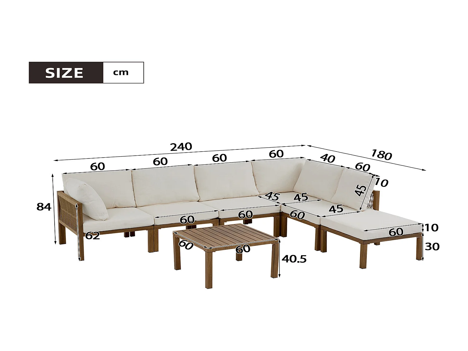 Gartenmöbel Set 240 x 180 cm, modulares Ecksofa Outdoor mit Tisch, Garten Essgruppe Lounge Set beige holzfarben