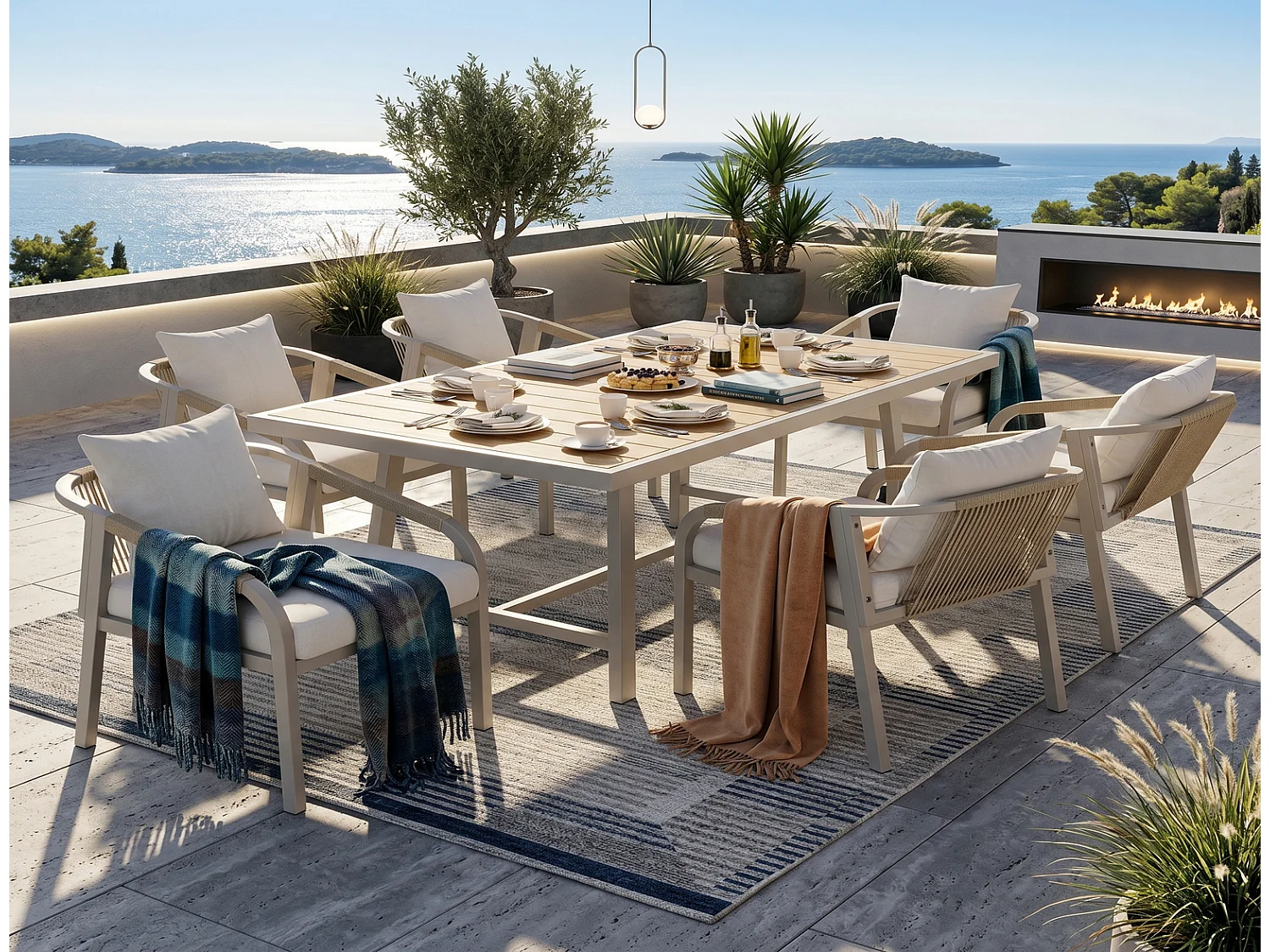 Gartenmöbel Set 6 Personen, Gartentisch mit 6 Stühlen, Outdoor Essgruppe aus verzinktem Stahl, Khaki Beige