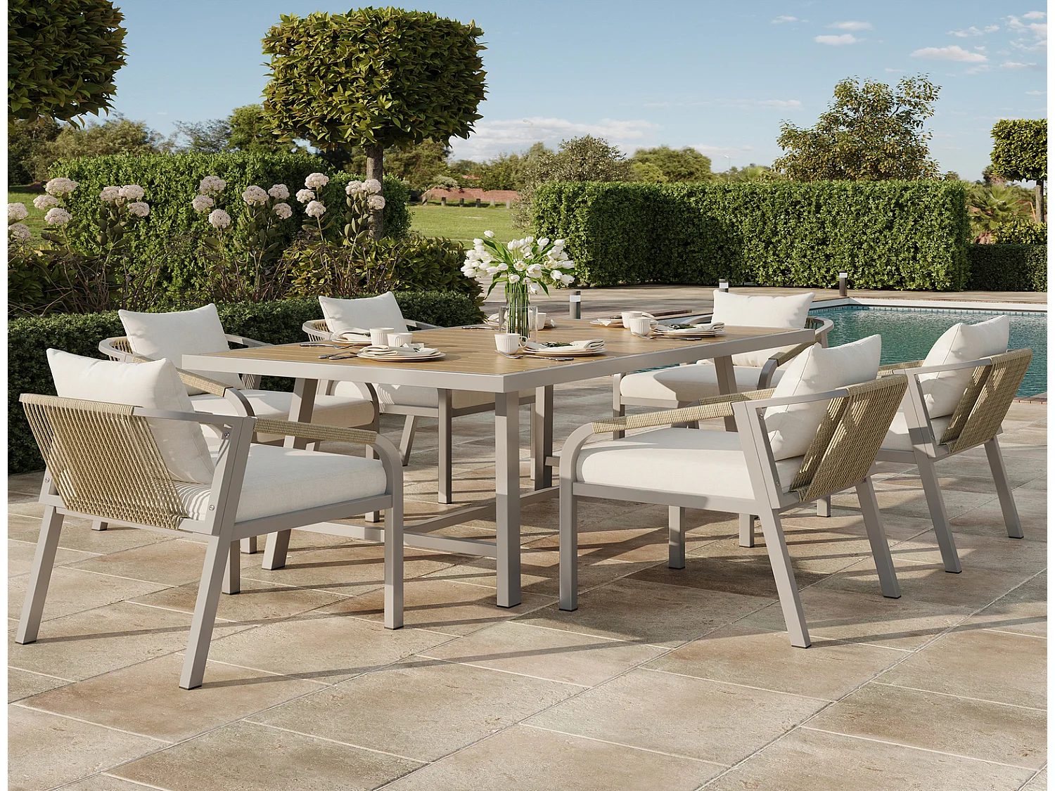 Gartenmöbel Set 6 Personen, Gartentisch mit 6 Stühlen, Outdoor Essgruppe aus verzinktem Stahl, Khaki Beige