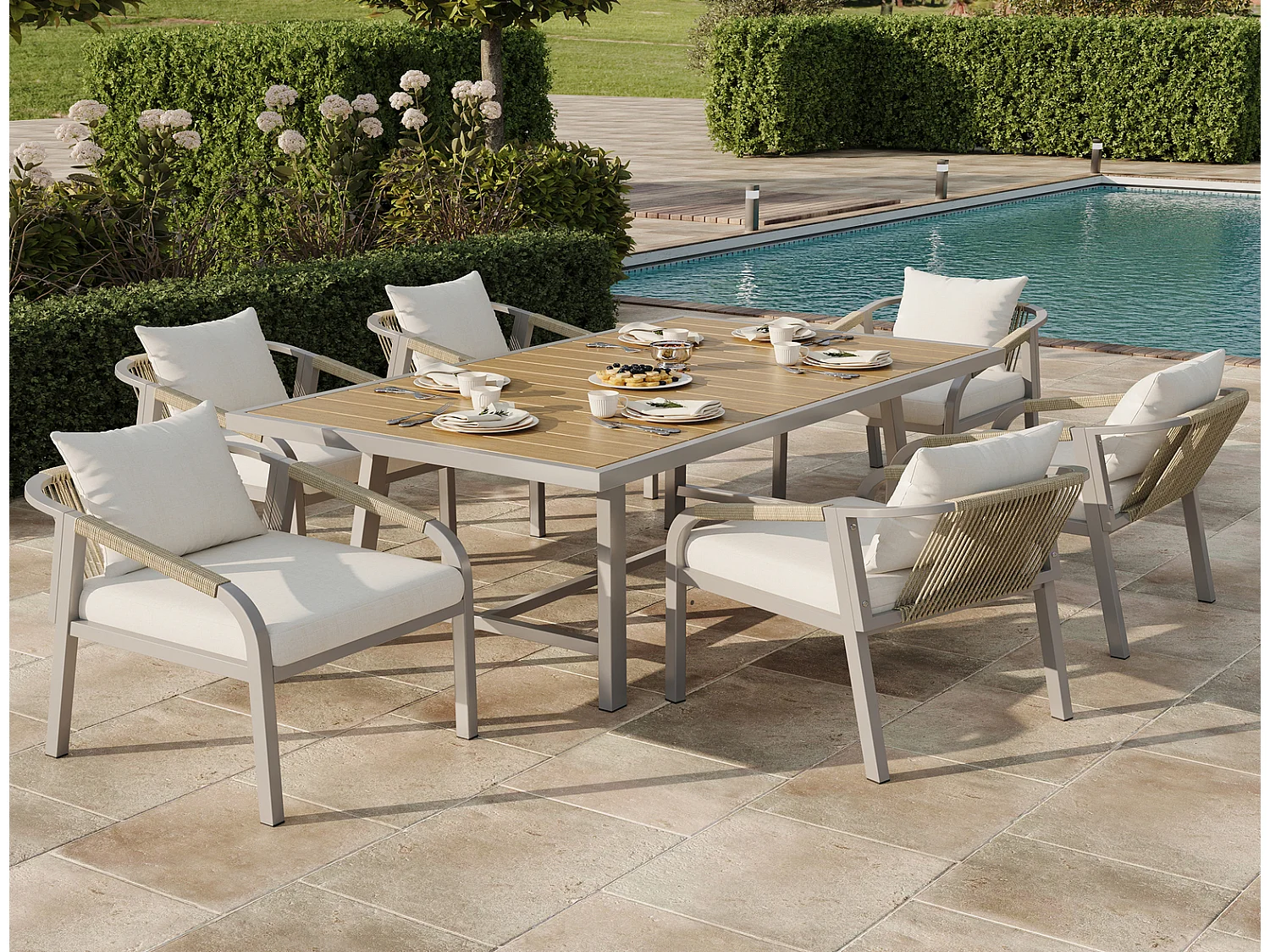 Gartenmöbel Set 6 Personen, Gartentisch mit 6 Stühlen, Outdoor Essgruppe aus verzinktem Stahl, Khaki Beige