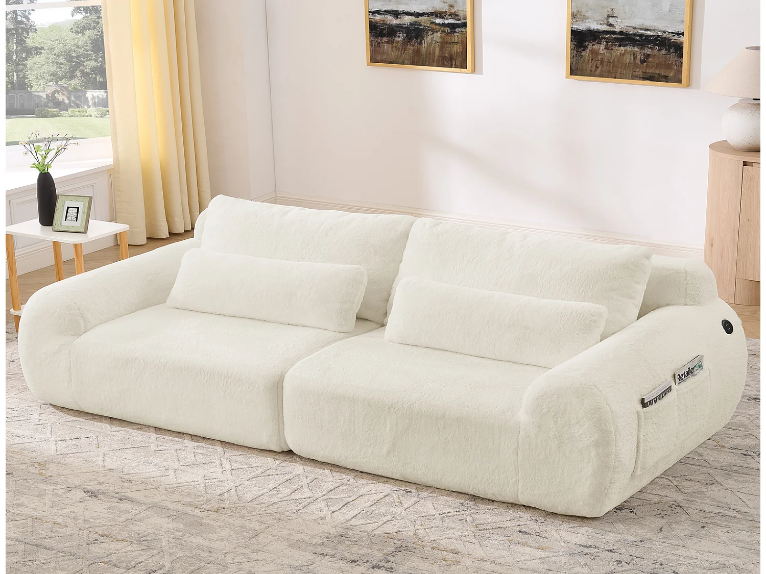2-Sitzer Sofa Beige Plüschsofa Kompaktsofa mit USB-Anschluss & Seitentasche für kleines Wohnzimmer 140x80x75cm