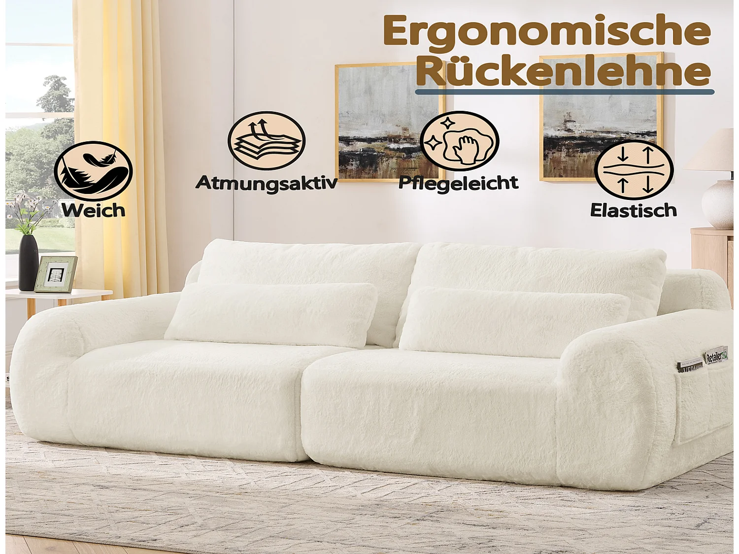2-Sitzer Sofa Beige Plüschsofa Kompaktsofa mit USB-Anschluss & Seitentasche für kleines Wohnzimmer 140x80x75cm