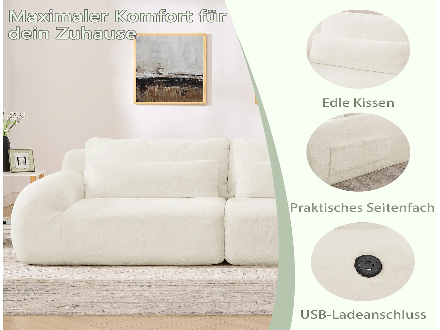 2-Sitzer Sofa Beige Plüschsofa Kompaktsofa mit USB-Anschluss & Seitentasche für kleines Wohnzimmer 140x80x75cm