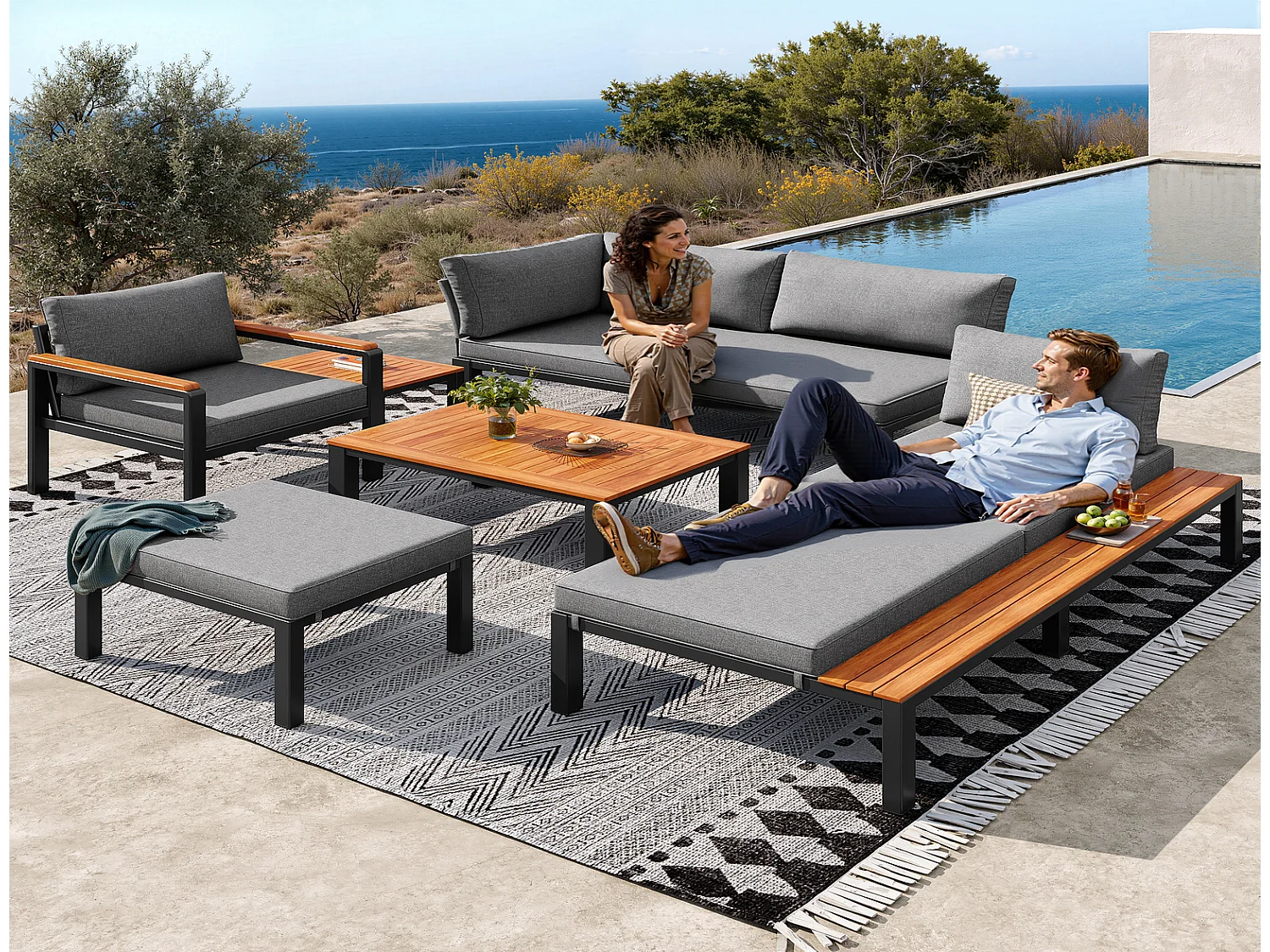 Modulare Gartenlounge Outdoor Lounge Set grau mit Tisch 200x50x78,5 cm Metall Holz für Terrasse Balkon Pool