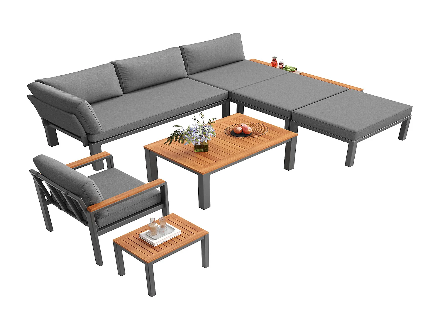 Modulare Gartenlounge Outdoor Lounge Set grau mit Tisch 200x50x78,5 cm Metall Holz für Terrasse Balkon Pool