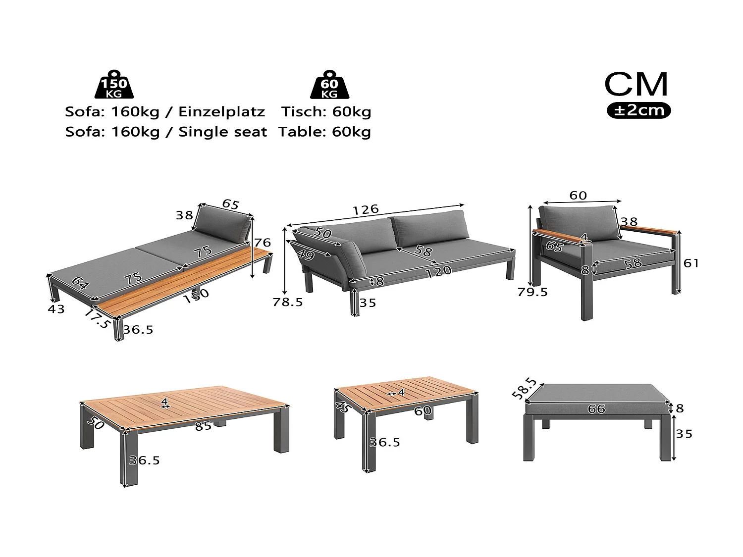 Modulare Gartenlounge Outdoor Lounge Set grau mit Tisch 200x50x78,5 cm Metall Holz für Terrasse Balkon Pool
