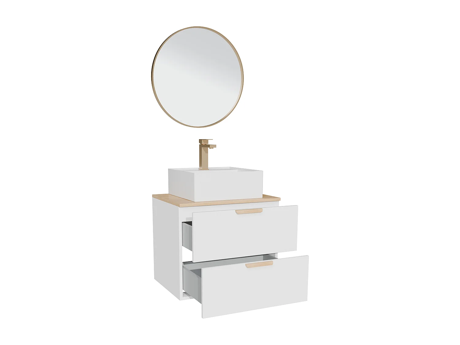 Meuble de salle de bain suspendu avec vasque à poser carrée, robinet et miroir – Blanc – L60 cm – AVORELI