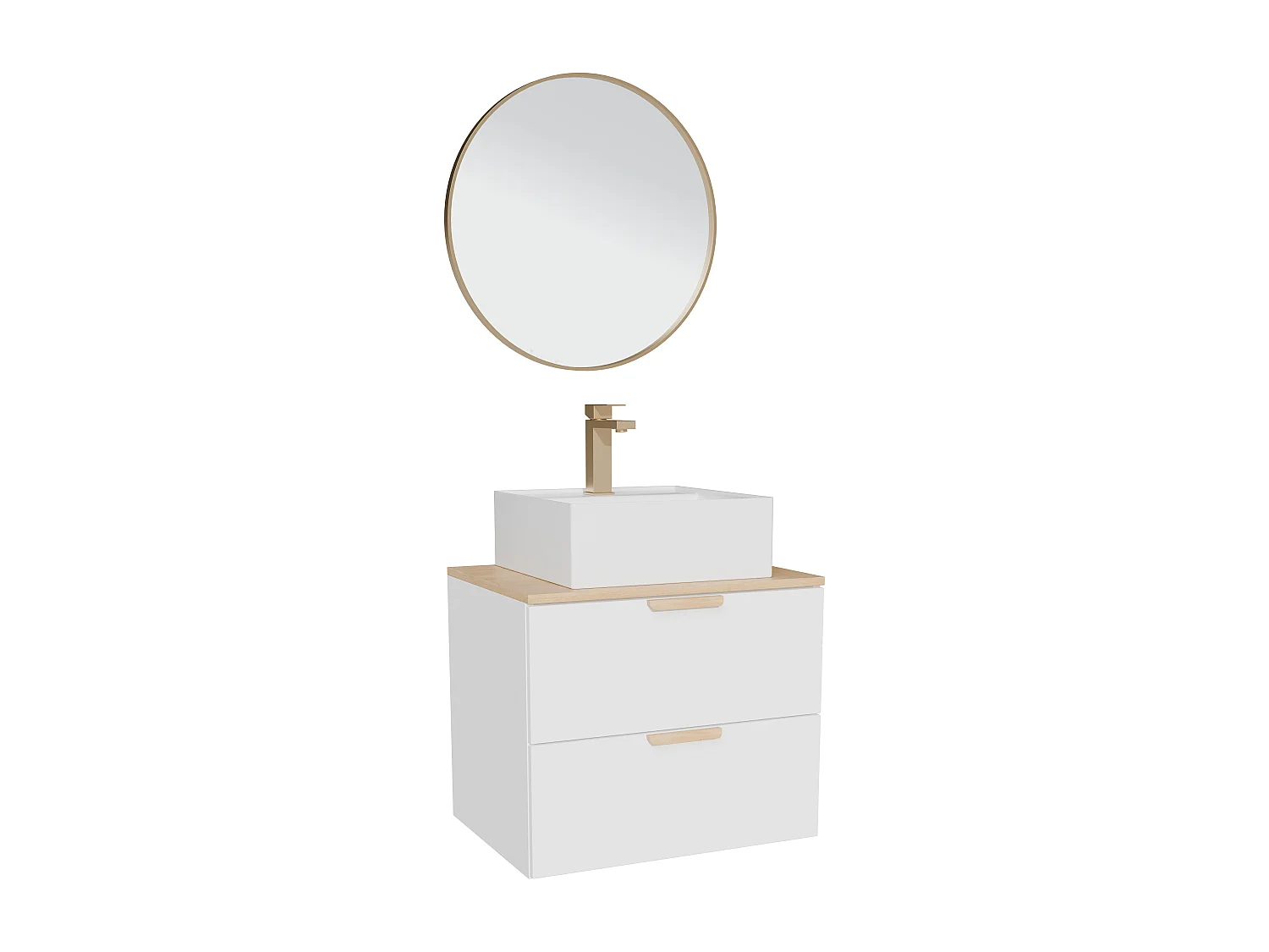 Meuble de salle de bain suspendu avec vasque à poser carrée, robinet et miroir – Blanc – L60 cm – AVORELI