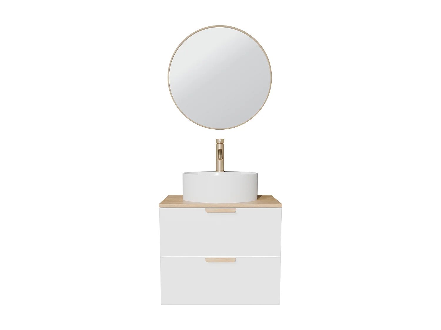 Meuble de salle de bain suspendu avec vasque à poser ronde, robinet et miroir – Blanc – L60 cm – AVORELI
