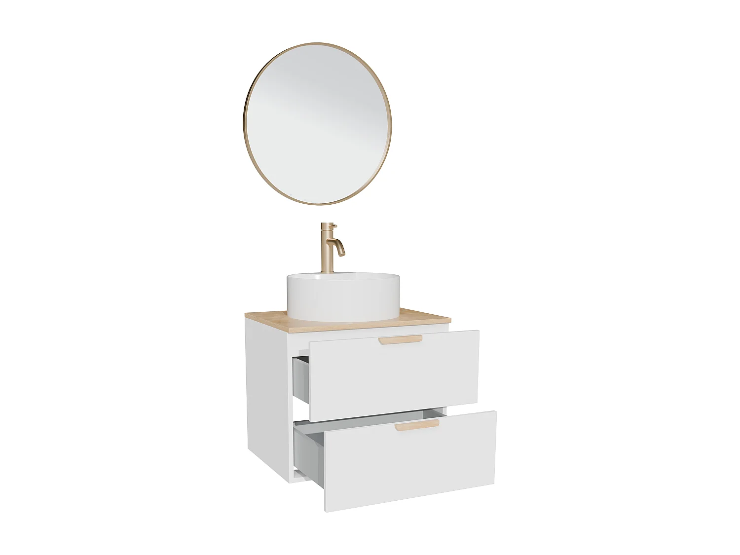 Meuble de salle de bain suspendu avec vasque à poser ronde, robinet et miroir – Blanc – L60 cm – AVORELI