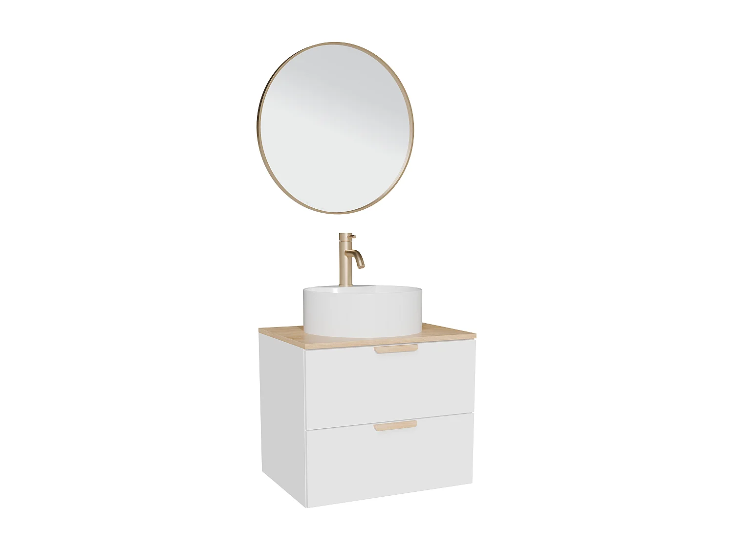 Meuble de salle de bain suspendu avec vasque à poser ronde, robinet et miroir – Blanc – L60 cm – AVORELI