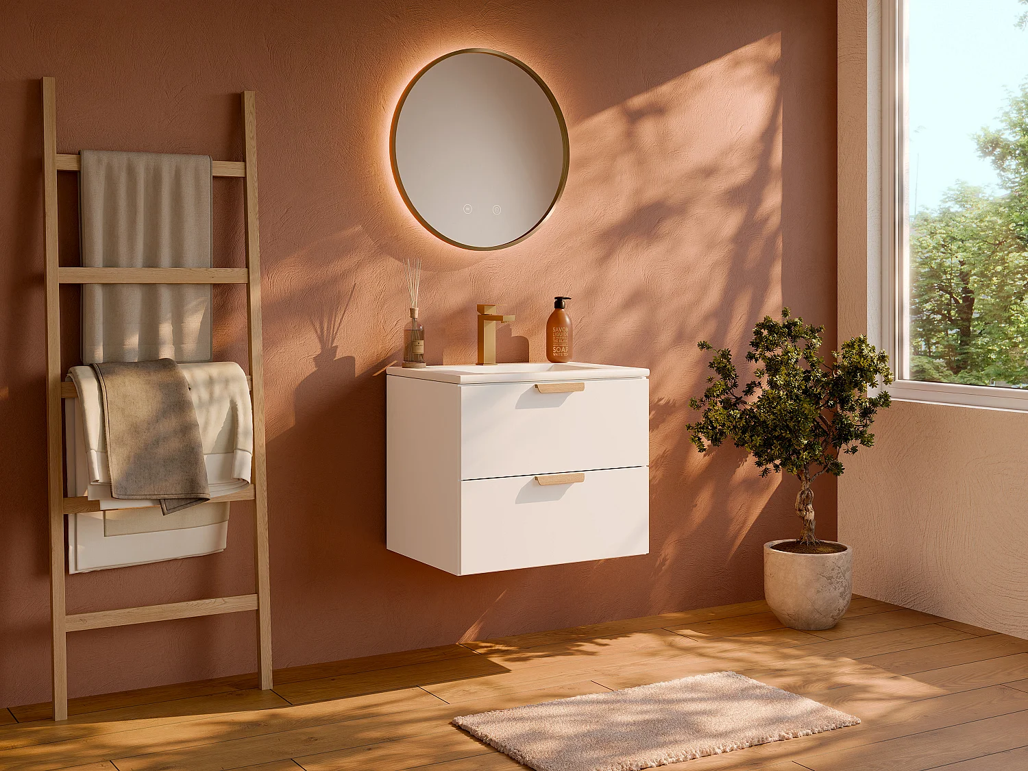 Meuble de salle de bain suspendu avec vasque à encastrer et robinet – Blanc – L60 cm – AVORELI
