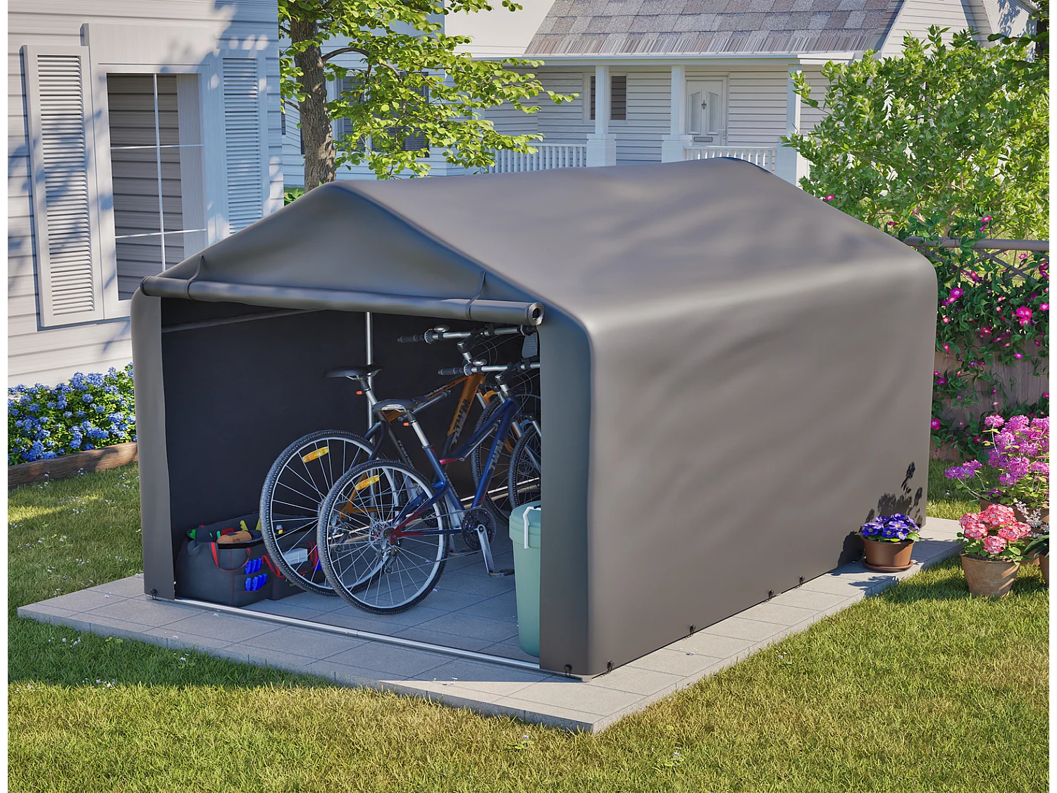 Wasserdichte Fahrradgarage 160x220x165 cm PE Gerätezelt mit Rolltor Wetterfester Outdoor-Schuppen Grau