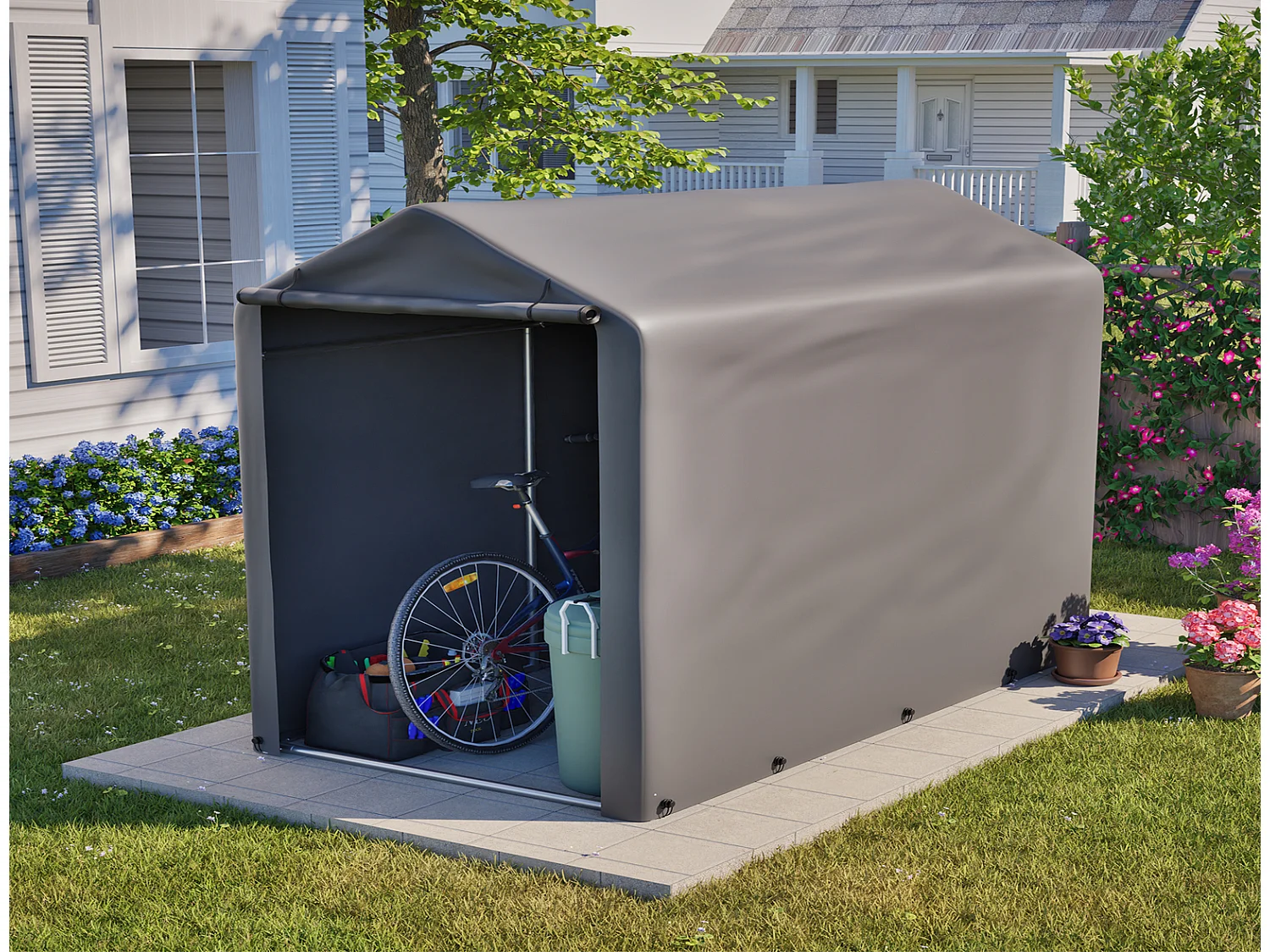 Fahrradgarage Gerätehaus Zelt 187x100x160 cm Dunkelgrau Wetterfestes Lagerzelt Stahlgestell für Fahrrad & Gartengeräte