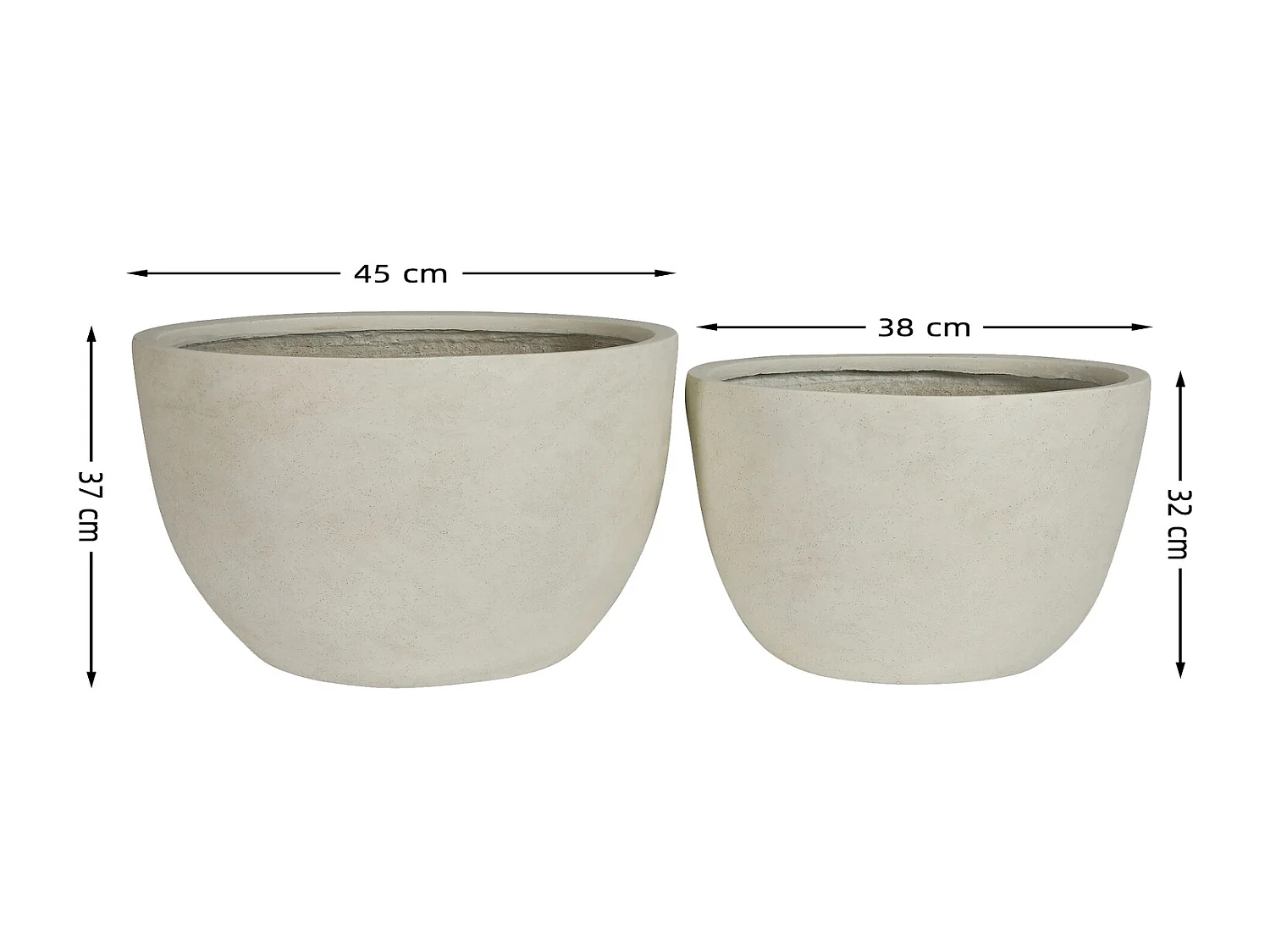 Blumentopf 2er Set aus Beton rund mit Drainagelöchern, Weiß, 38 x 32 cm und 45 x 37 cm, innen außen