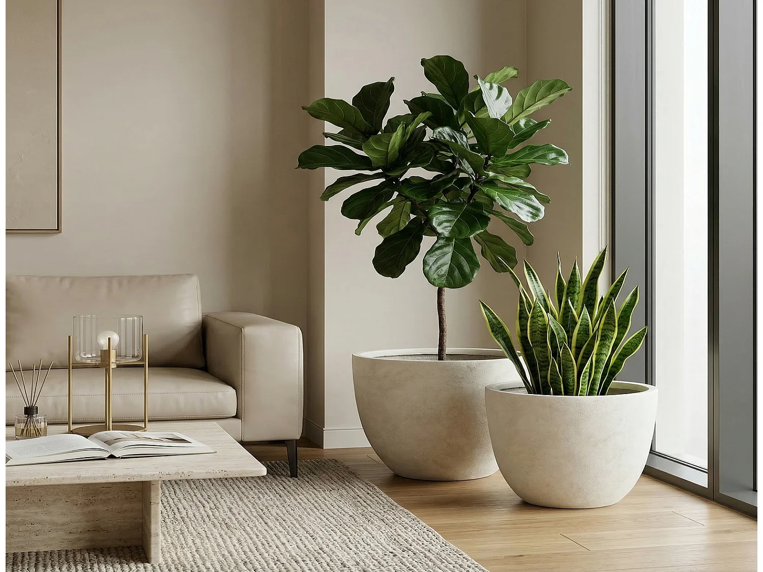 Blumentopf 2er Set aus Beton rund mit Drainagelöchern, Weiß, 38 x 32 cm und 45 x 37 cm, innen außen