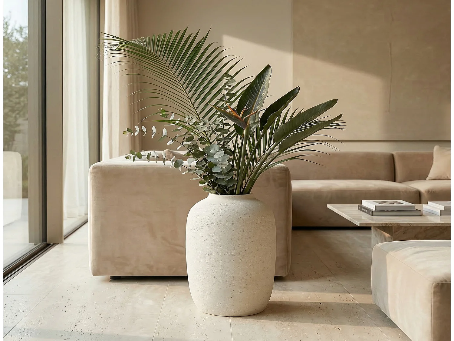 Beton Pflanzkübel rund weiß 30 x 51 cm handgefertigt für Innen und Außen großer Blumentopf rustikale Optik