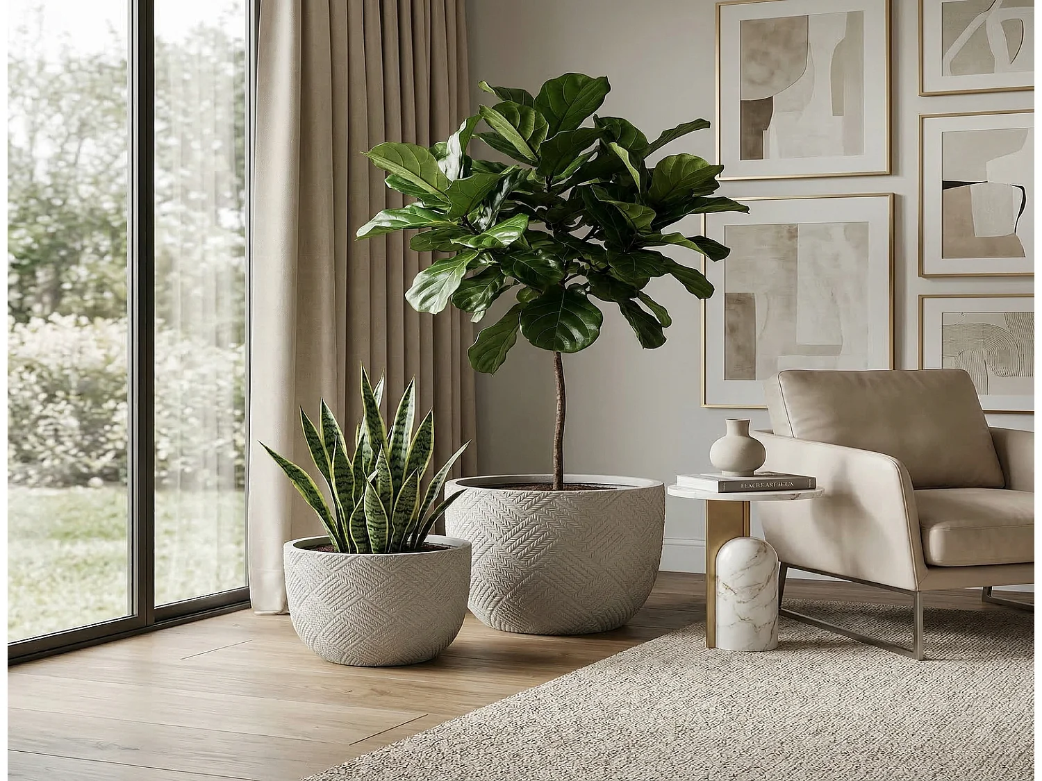 Beton Pflanzkübel Set 2er rund grau, handgefertigt mit Drainagelöchern, für innen außen, 37 x 28 cm & 45 x 35 cm