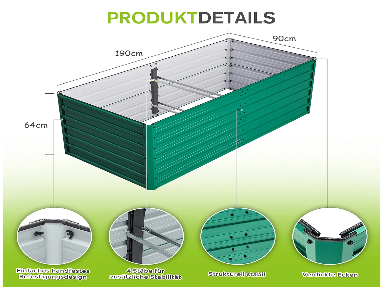 Hochbeet Metall 190x90x64 cm mit offenem Boden, rostbeständiges Pflanzbeet für Garten Terrasse Balkon, Grün