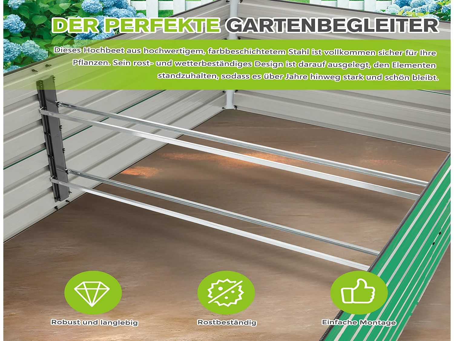 Hochbeet Metall 190x90x64 cm mit offenem Boden, rostbeständiges Pflanzbeet für Garten Terrasse Balkon, Grün