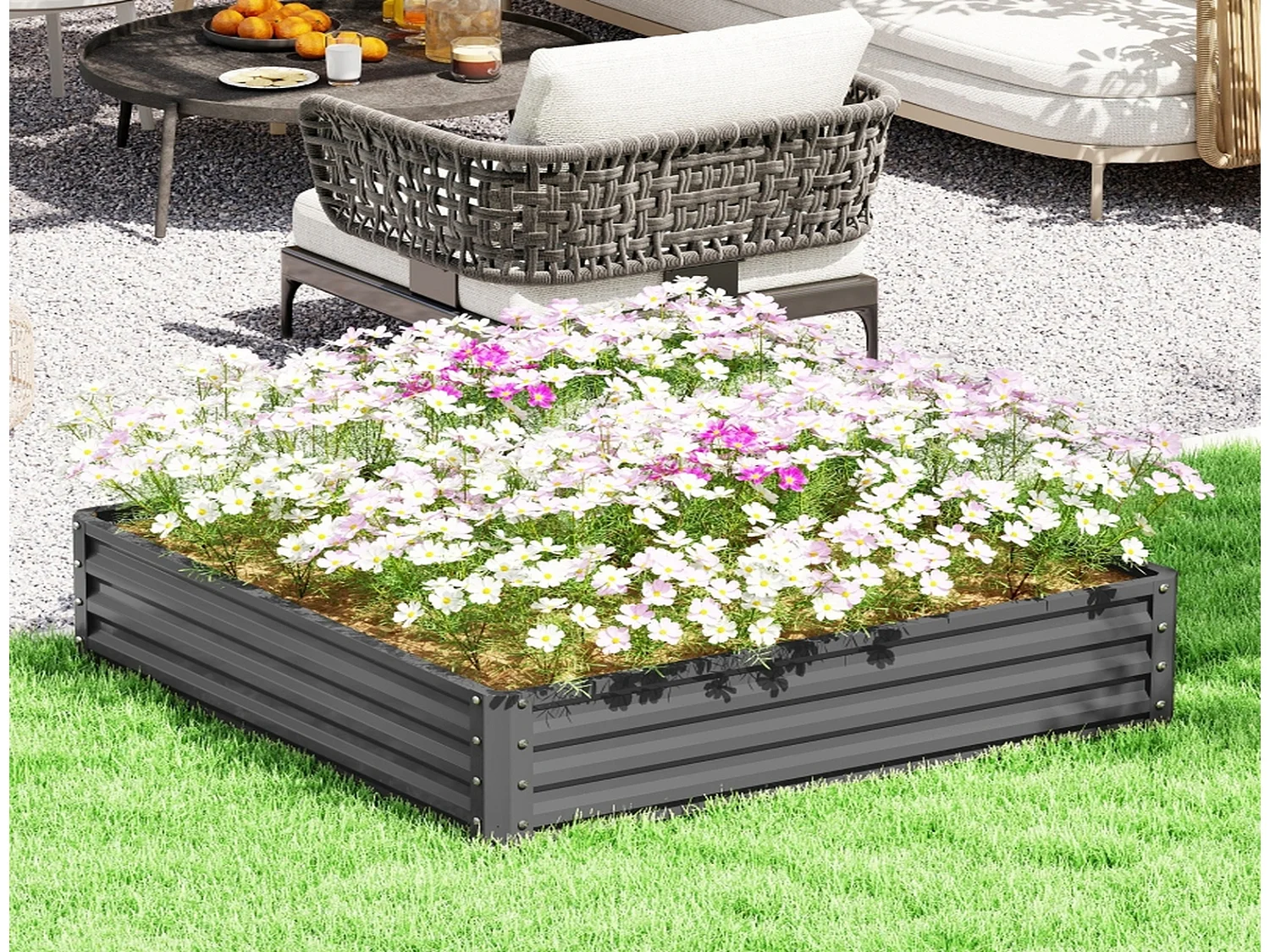 Hochbeet Stahl hellgrau 120 x 120 x 30 cm, Metall Hochbeet eckig für Garten, Terrasse und Balkon