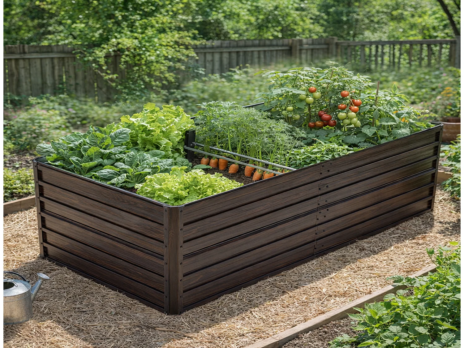 Hochbeet Metall 190x90x64 cm mit offenem Boden, wetterfestes Pflanzbeet aus Stahl in Holzoptik für Garten