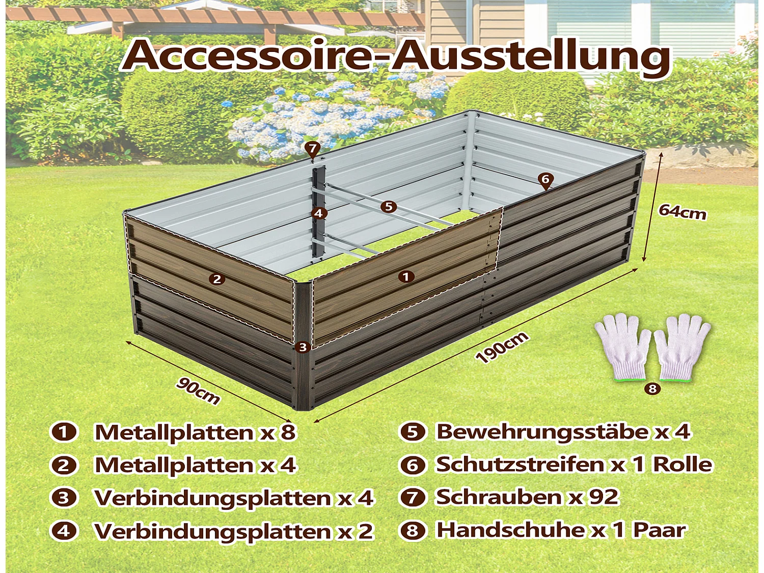 Hochbeet Metall 190x90x64 cm mit offenem Boden, wetterfestes Pflanzbeet aus Stahl in Holzoptik für Garten