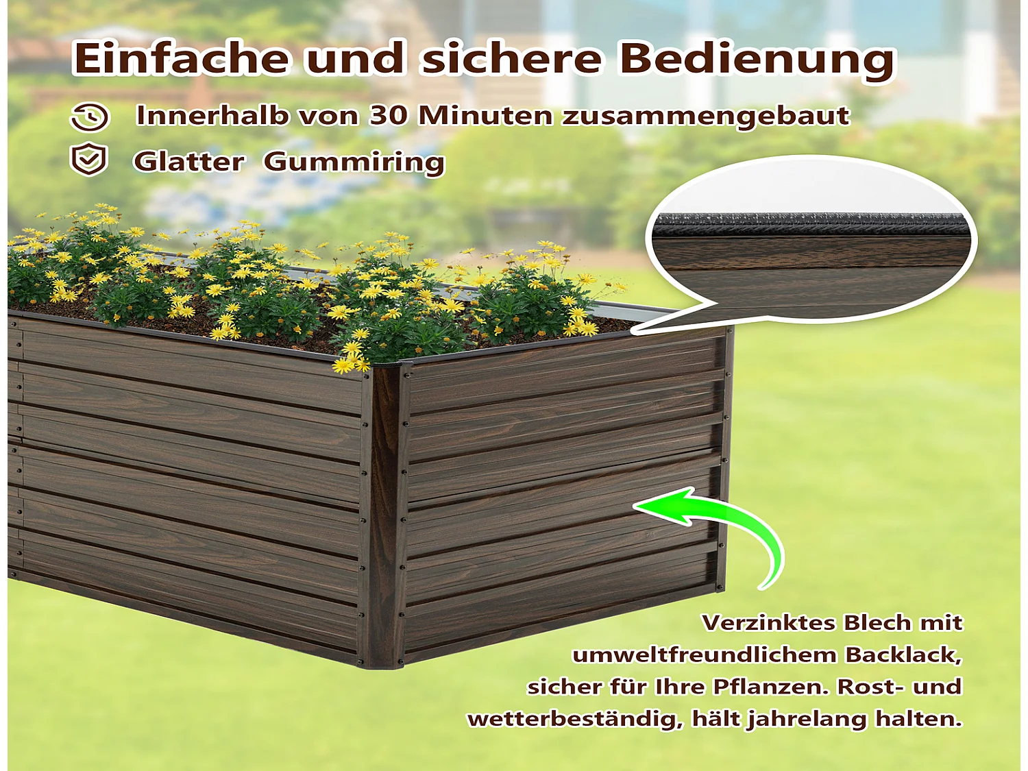 Hochbeet Metall 190x90x64 cm mit offenem Boden, wetterfestes Pflanzbeet aus Stahl in Holzoptik für Garten
