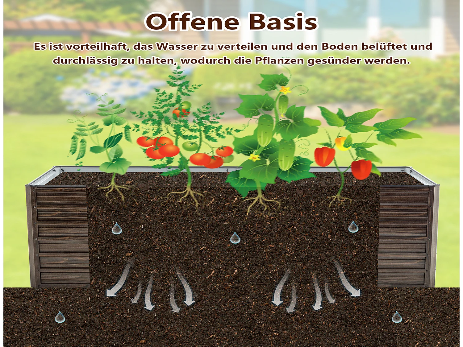 Hochbeet Metall 190x90x64 cm mit offenem Boden, wetterfestes Pflanzbeet aus Stahl in Holzoptik für Garten