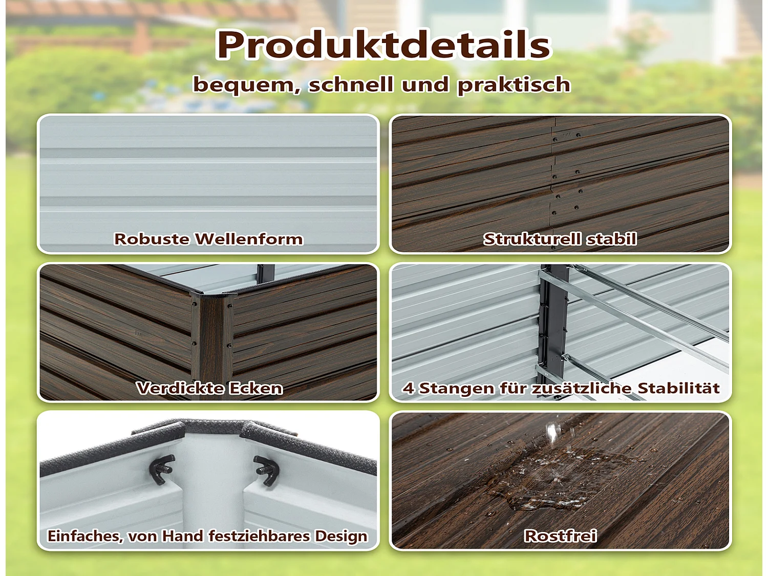 Hochbeet Metall 190x90x64 cm, wetterfestes Gartenbeet mit offenem Boden, Pflanzkasten in Holzoptik