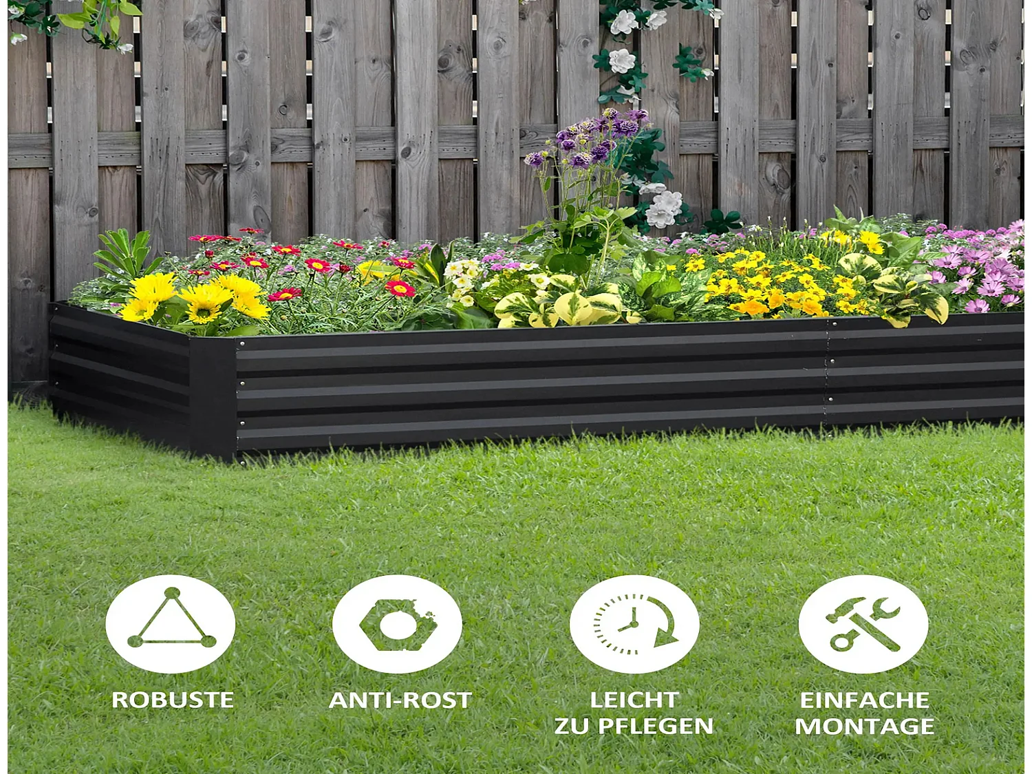Stahl Hochbeet grau mit offenem Boden 241x90,5x30 cm rechteckiges Metall Hochbeet für Garten