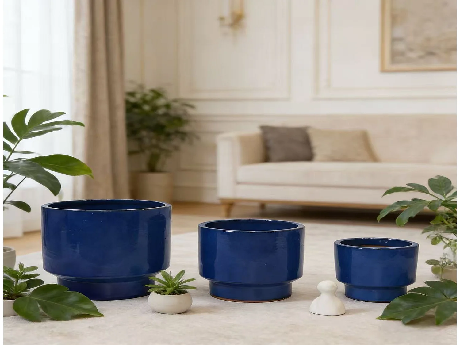 Keramik Blumentopf Set 3-teilig handgemacht blau Ø 38,1/30,5/22,9 cm für Innen- und Außenbereich