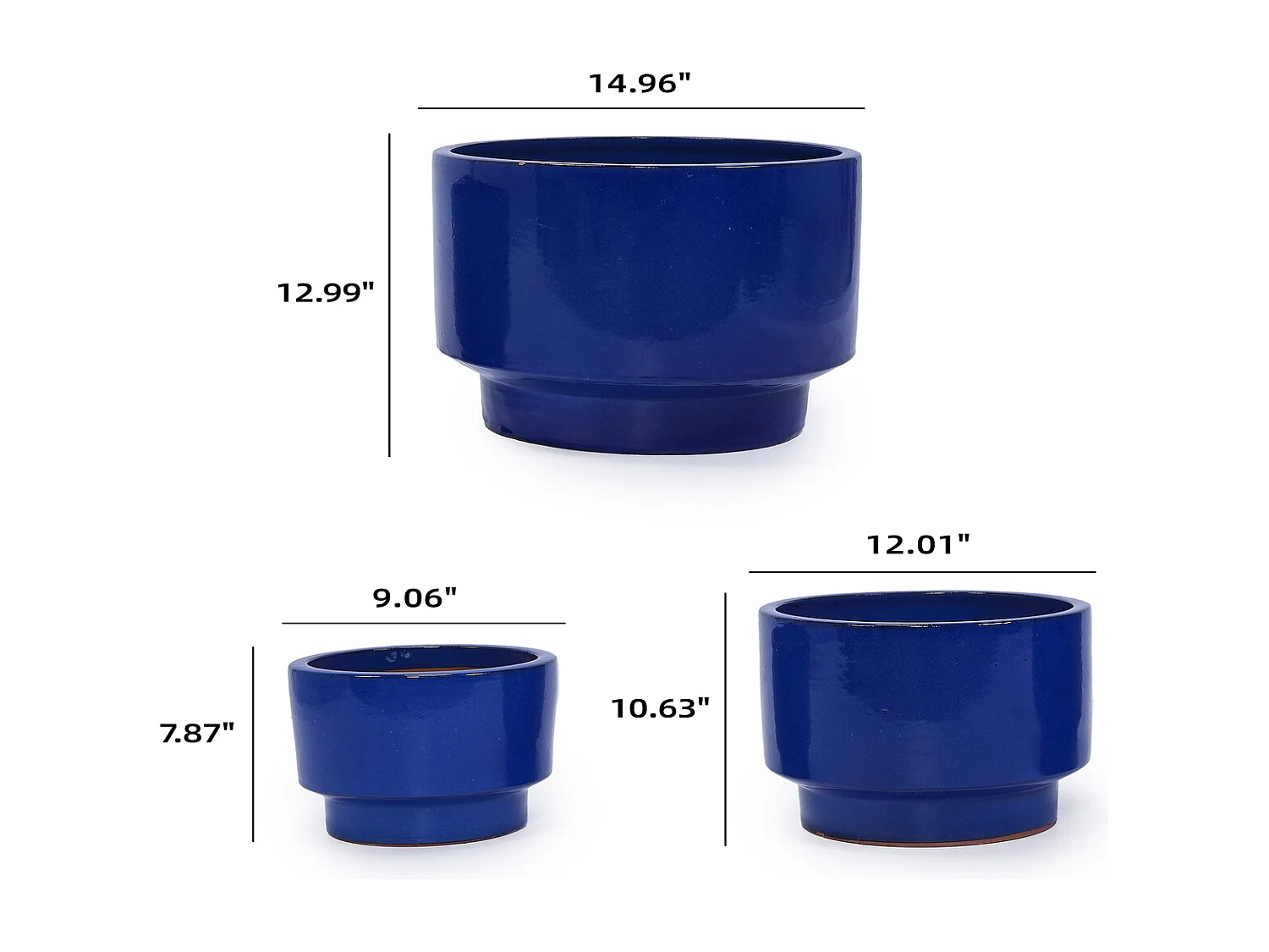 Keramik Blumentopf Set 3-teilig handgemacht blau Ø 38,1/30,5/22,9 cm für Innen- und Außenbereich