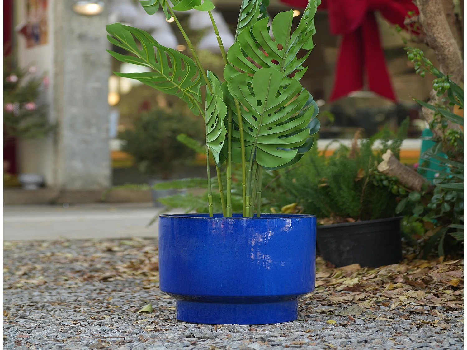 Keramik Blumentopf Set 3-teilig handgemacht blau Ø 38,1/30,5/22,9 cm für Innen- und Außenbereich