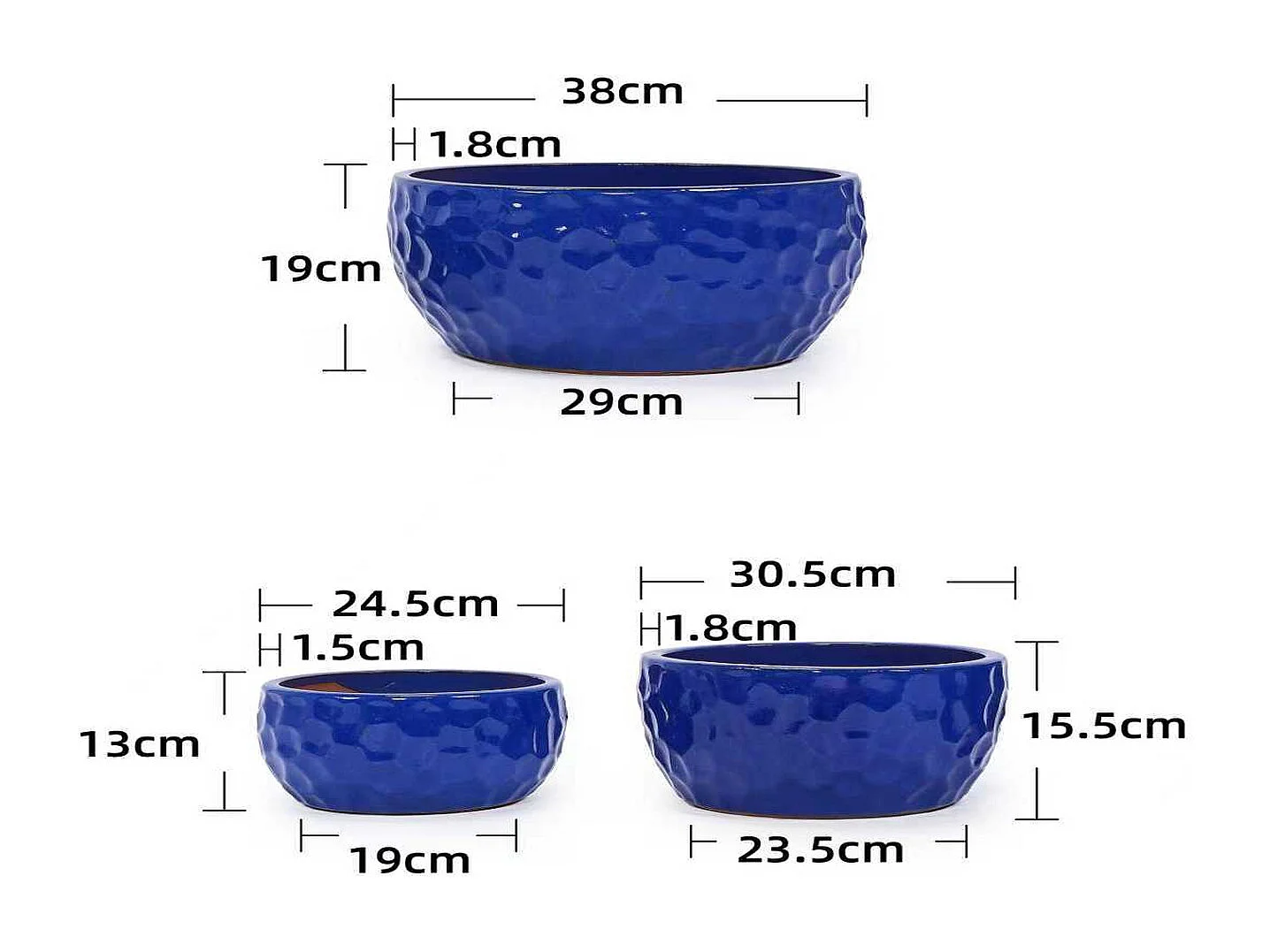 Keramik Pflanzentopf Set 3-teilig handgemacht kobaltblau Hammerschlag Ø 38,1/30,5/25,4 cm für innen außen