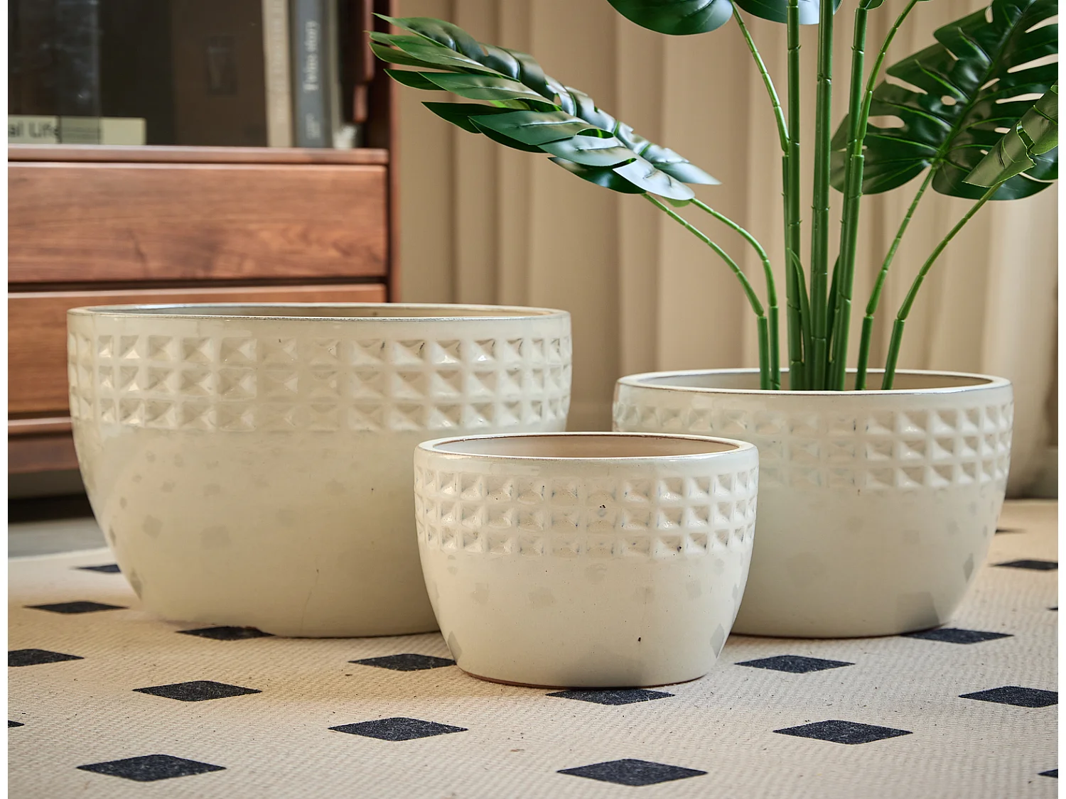 Keramik Pflanzentopf Set 3er weiß Ø 38,1/30,5/22,9 cm, handgemacht, Rautenmuster, innen außen