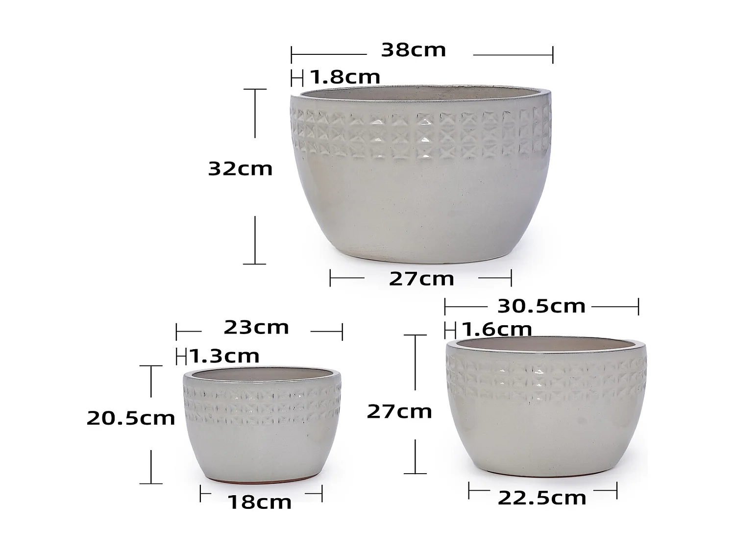 Keramik Pflanzentopf Set 3er weiß Ø 38,1/30,5/22,9 cm, handgemacht, Rautenmuster, innen außen